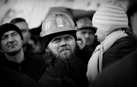 Omontowice, Poland - The Protest Action-of strike of Silesian miners and labor unionists at KWK Budryk against the liquidation of the mine on Silesia, in connection with the government-plan for the JastrzÄbie Coal-Companyのeditorial素材