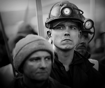 Omontowice, Poland - The Protest Action-of strike of Silesian miners and labor unionists at KWK Budryk against the liquidation of the mine on Silesia, in connection with the government-plan for the JastrzÄbie Coal-Companyのeditorial素材