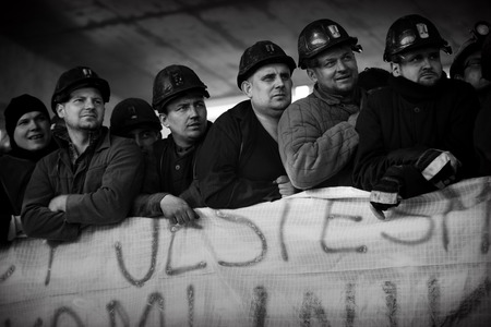 Omontowice, Poland - The Protest Action-of strike of Silesian miners and labor unionists at KWK Budryk against the liquidation of the mine on Silesia, in connection with the government-plan for the JastrzÄbie Coal-Companyのeditorial素材