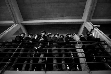 Omontowice, Poland - The Protest Action-of strike of Silesian miners and labor unionists at KWK Budryk against the liquidation of the mine on Silesia, in connection with the government-plan for the JastrzÄbie Coal-Companyのeditorial素材