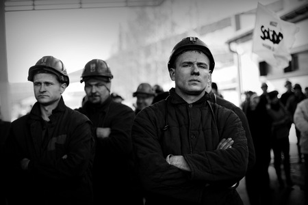 Omontowice, Poland - The Protest Action-of strike of Silesian miners and labor unionists at KWK Budryk against the liquidation of the mine on Silesia, in connection with the government-plan for the JastrzÄbie Coal-Companyのeditorial素材