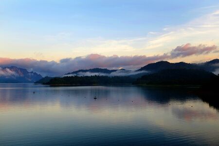 the beautiful lake with mistの写真素材