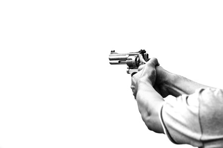 one law enforcemet aim gun by two hand at academy shooting range isolated and space for text