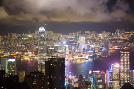 Hong Kong-July 13, 2017:Hong Kong landmark and Victoria harbour cityscape at night from the peak.Hong Kong as a special administrative region of the People's Republic of Chinaのeditorial素材