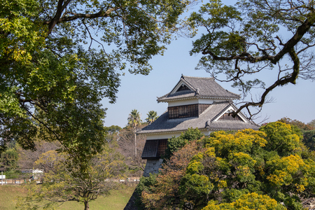 wooden turret or yagura on stone wall of Kumamoto castle in Japan surround by green tree and blue sky with  copy spaceのeditorial素材