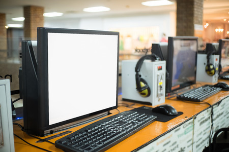 Close up Internet cafe empty screen in shopping mall.