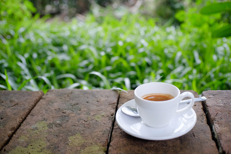 Coffee morning on brick and green garden in background.の写真素材