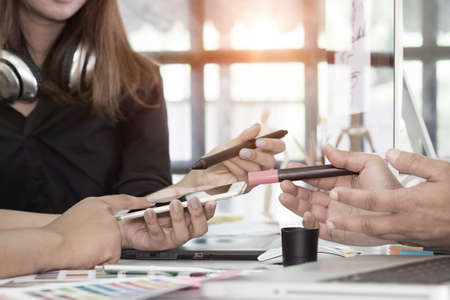 designer graphic creative creativity work talking designing artist coloring colour ideas planing for a concept working - stock image creative team.の写真素材