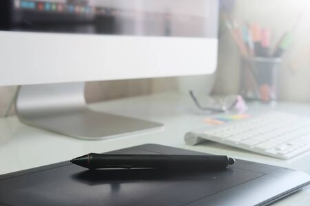 graphic design desk mouse pan sketch device on creative desk.の写真素材