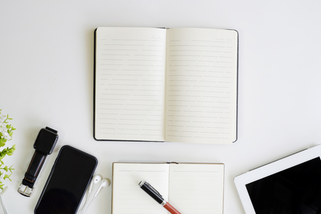 Office desk mockup with object top view.の写真素材