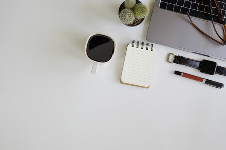 office desk space with office supplies mockup top view.の写真素材