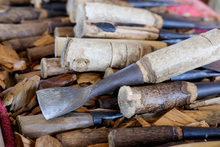 Wood  craft equipment object wood carve with a gouge on the workbench in carpentry.の写真素材