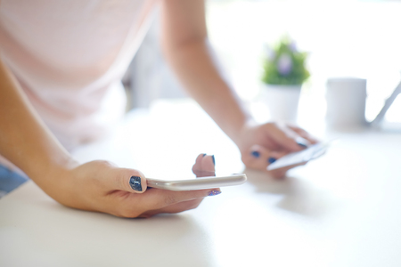 Close up woman shopping online with smartphone mobile.の写真素材