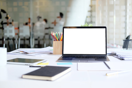 Table with laptop mock up Workplace Marketing Accounting business desk.
