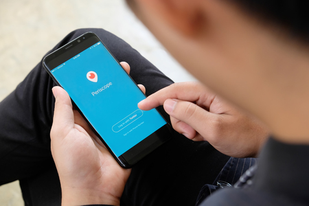 CHIANGMAI,THAILAND - August 20,2018 : New Samsung galaxy s8 plus on hands open Periscope app ....