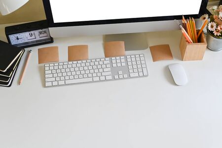Working creative workspace with computer and office supply, Top view workspace.の写真素材