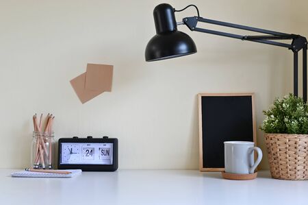 Workspace office desk with office supply on table.の写真素材