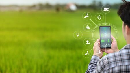 A male farmer is working in the field his using a mobile phone with Innovation technology for smart...