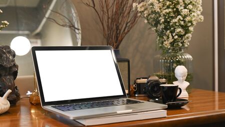 Mockup laptop computer on dressing table.の写真素材