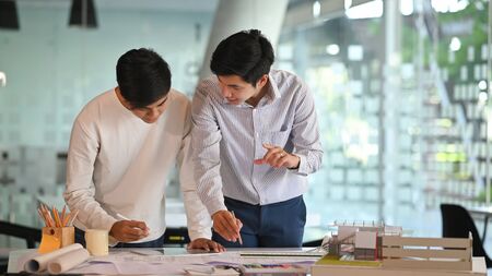 Architectures they working achievement Planning Design Draw teamwork of architecture meeting.の写真素材