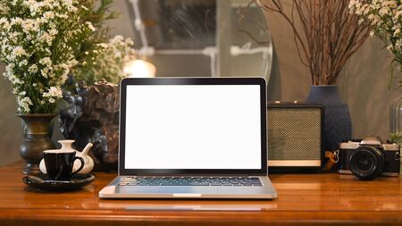 Mockup laptop computer on dressing table.の写真素材