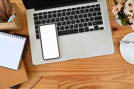 Mockup image blank screen smartphone  with white background for advertising.の写真素材