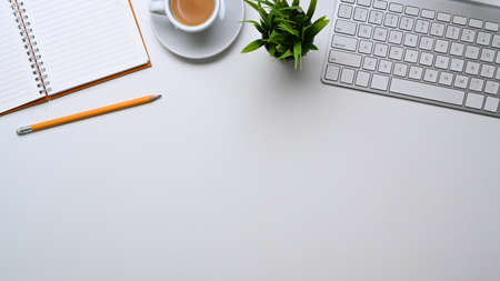 Empty notebook, pencil, coffee cup, plant and copy space on white office desk.の写真素材