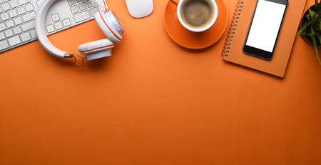 Overhead shot of young female designer holding digital tablet and stylus pen on orange background.の写真素材