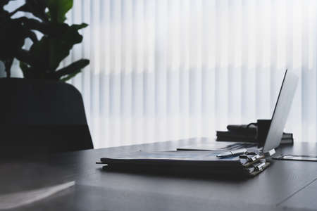 Cheerful businesswoman sitting at her workplace with computer laptop and smiling to camera.の写真素材