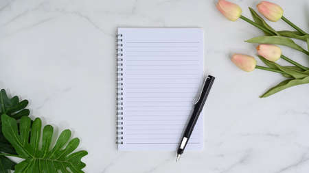 Digital tablet with white screen, glasses, coffee cup, notebook and houseplant on brown leather.の写真素材