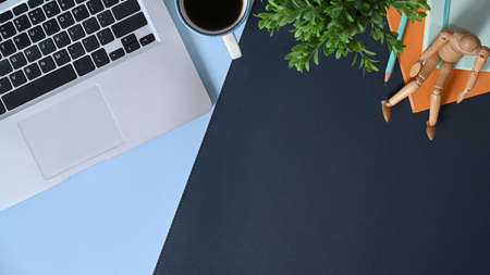 Above view stylish workspace with laptop, coffee cup, houseplant and notebook.