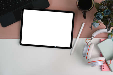 Home office with computer, laptop and supplies on white desk.の写真素材