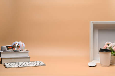 Mock up smart phone with empty screen and laptop on marble background.