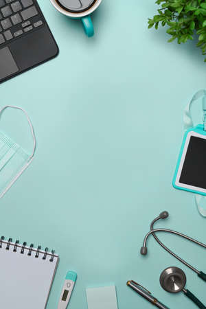 Above view mock up computer, mouse and wireless keyboard on black leather.の写真素材