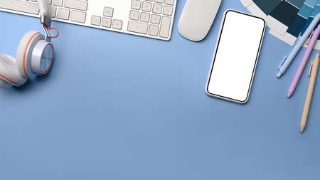 Stethoscope, keyboard and empty badge on blue background. Doctor workspace.