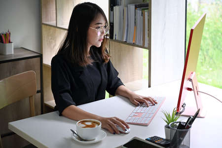 Young businesswoman working with computer at her office desk.の写真素材