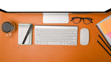 Top view white office desk with smart phone, headphone and coffee cup.の写真素材