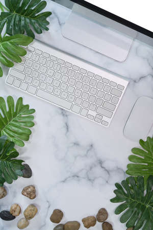 Stylish workplace with computer and green leaf on marble background.の写真素材