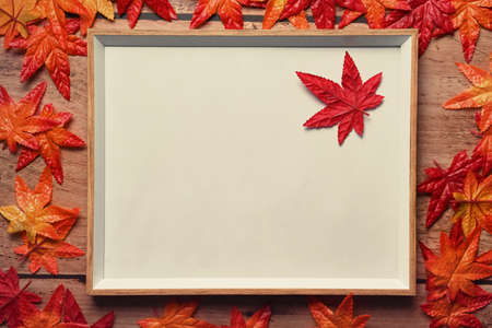 Empty picture frame with autumn maple leaves on wooden background.の写真素材