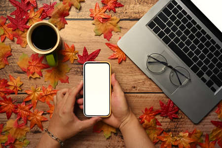 Man holding smart phone on wooden table with autumn maple leaves.の写真素材
