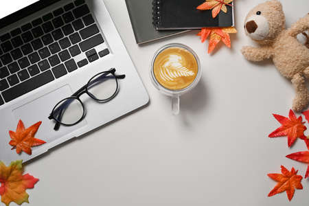 Laptop computer, coffee cup, glasses, books and autumn maple leaves on white table.の写真素材