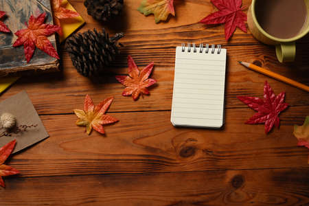Empty notebook, pen, cup of hot coffee, glasses and maple leaves on wooden table.の写真素材