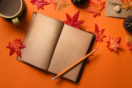 Top view notebook, coffee cup, pine cone and maple leaves on orange background.の写真素材