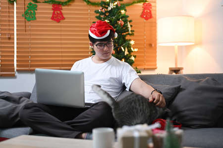 Young man in Santa hat using laptop computer and sitting on sofa with lovely cat near Christmas tree at home.の写真素材