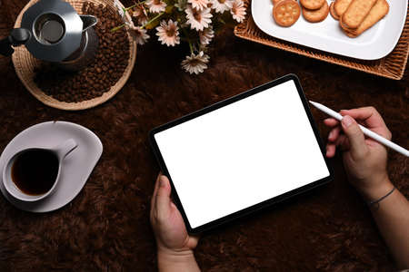 Man holding digital tablet and stylus pen on carpet.