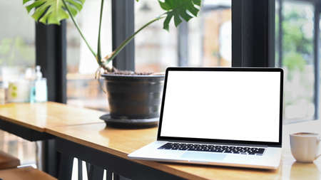 Stylish workplace with laptop computer, picture frame and houseplant.