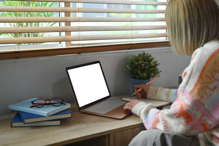 Young woman freelancer working with laptop computer in living room.