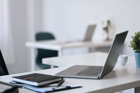 Laptop computer, notebook, coffee cup and potted plant on white table.