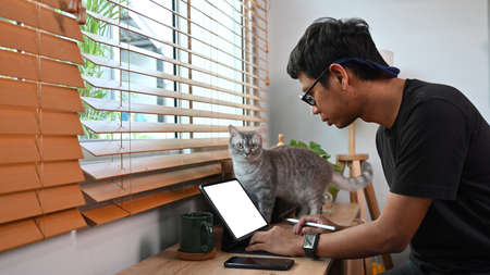 Young man working with computer tablet at home.