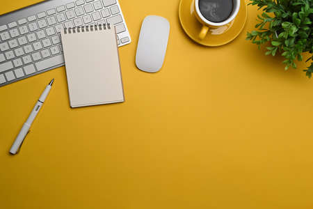 Notebook, coffee cup, houseplant and supplies on yellow background.